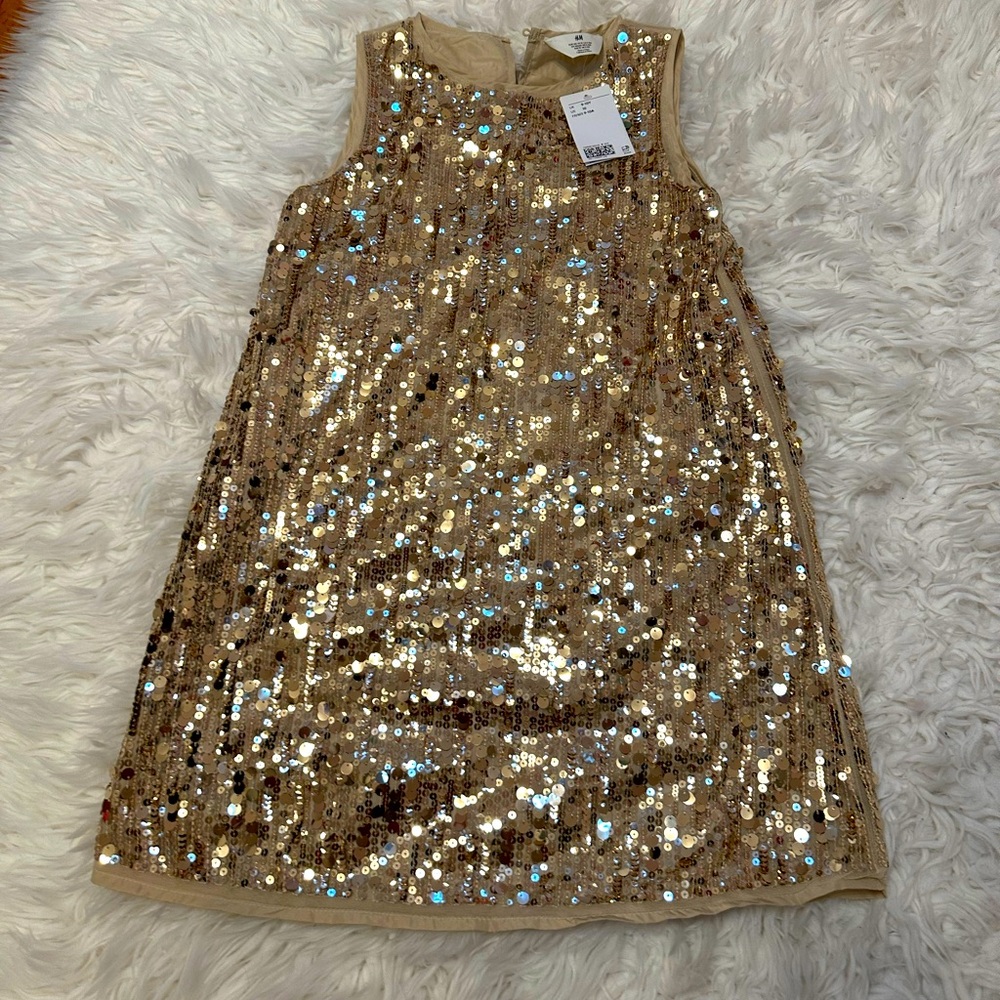 NWT H&M Gold Sequin Sparkly Girls Tunic Dress Size 9/10 Years
